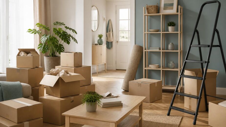 Living room with moving boxes and ladder