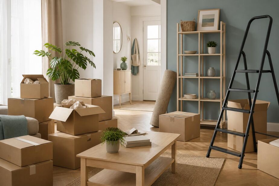 Living room with moving boxes and ladder