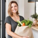 Woman carrying grocery bag with produce