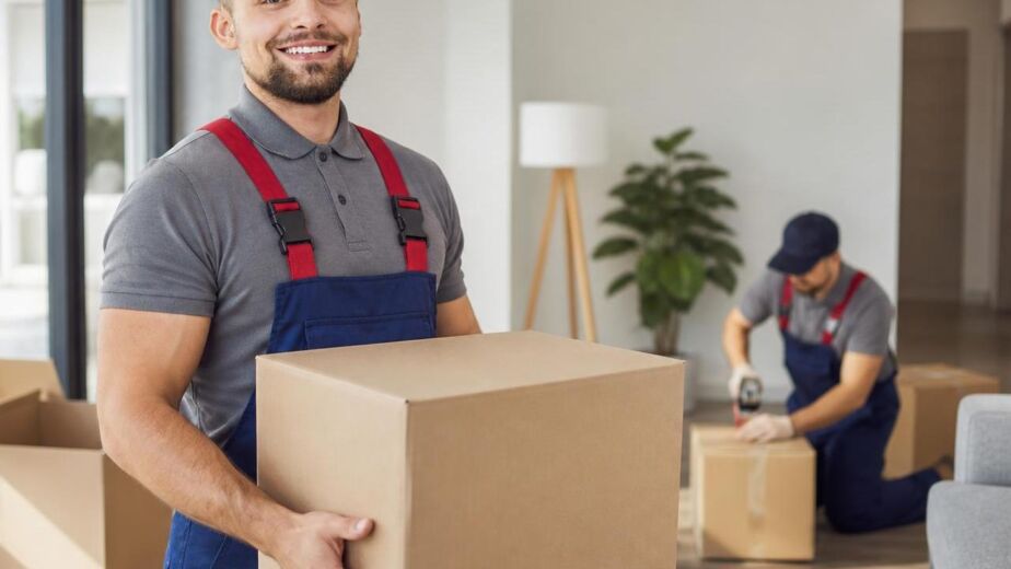 Two movers packing boxes in living room