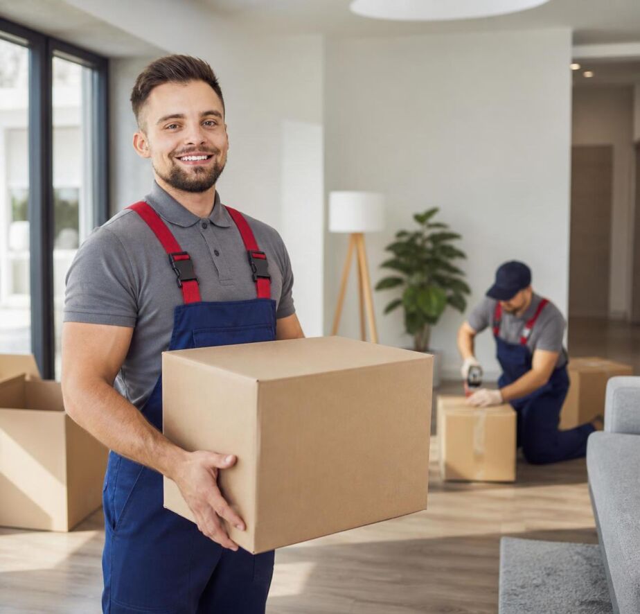 Two movers packing boxes in living room