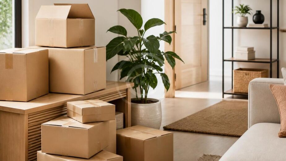 Moving boxes in modern living room