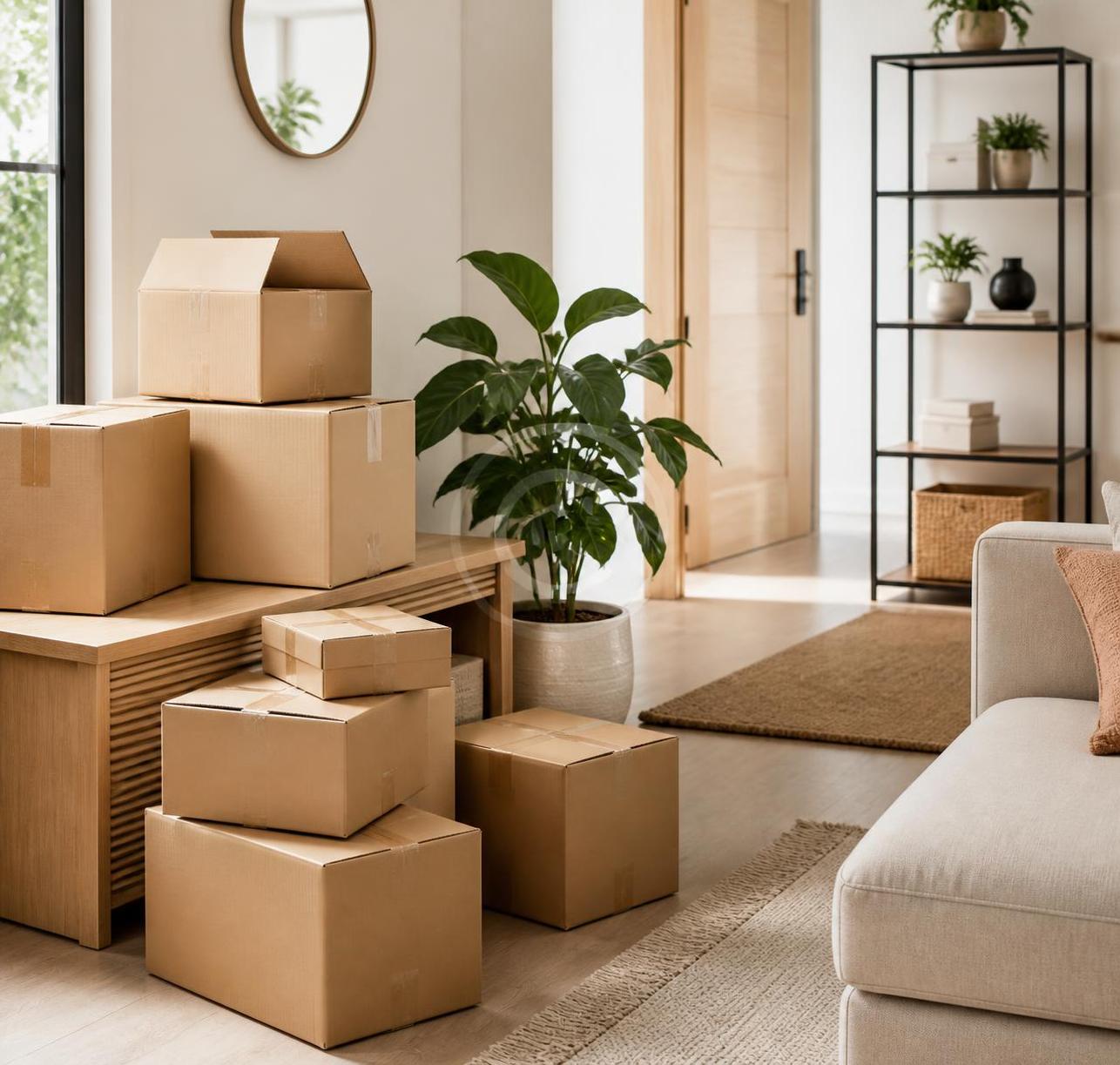 Moving boxes in modern living room