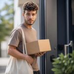 Young courier delivering parcel at doorstep