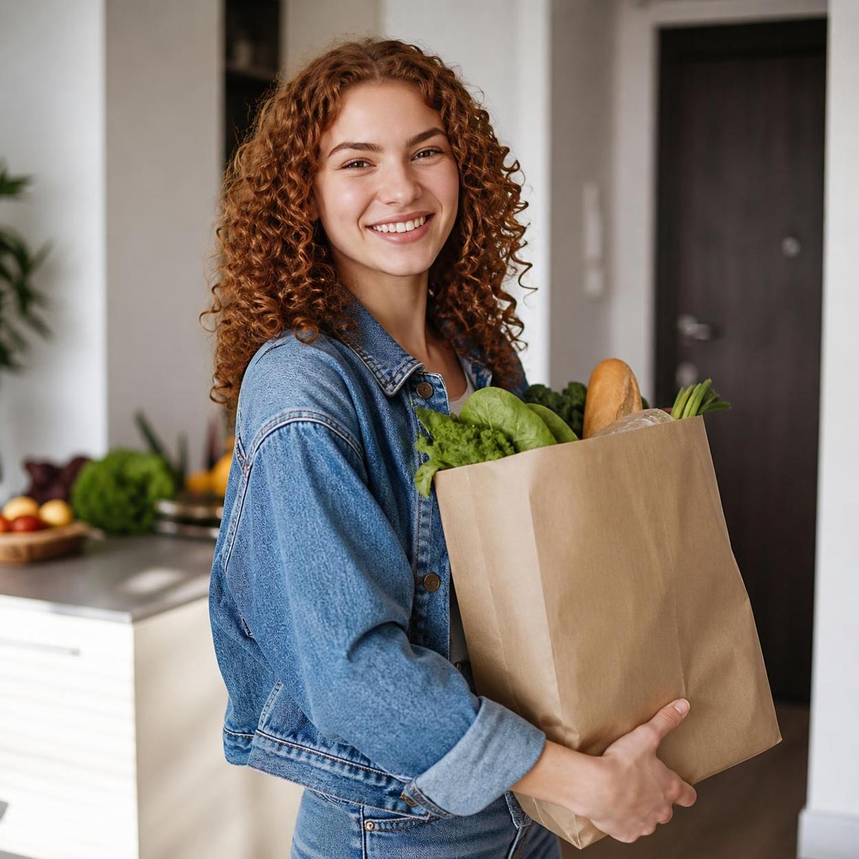Smiling woman carrying grocery bag at home