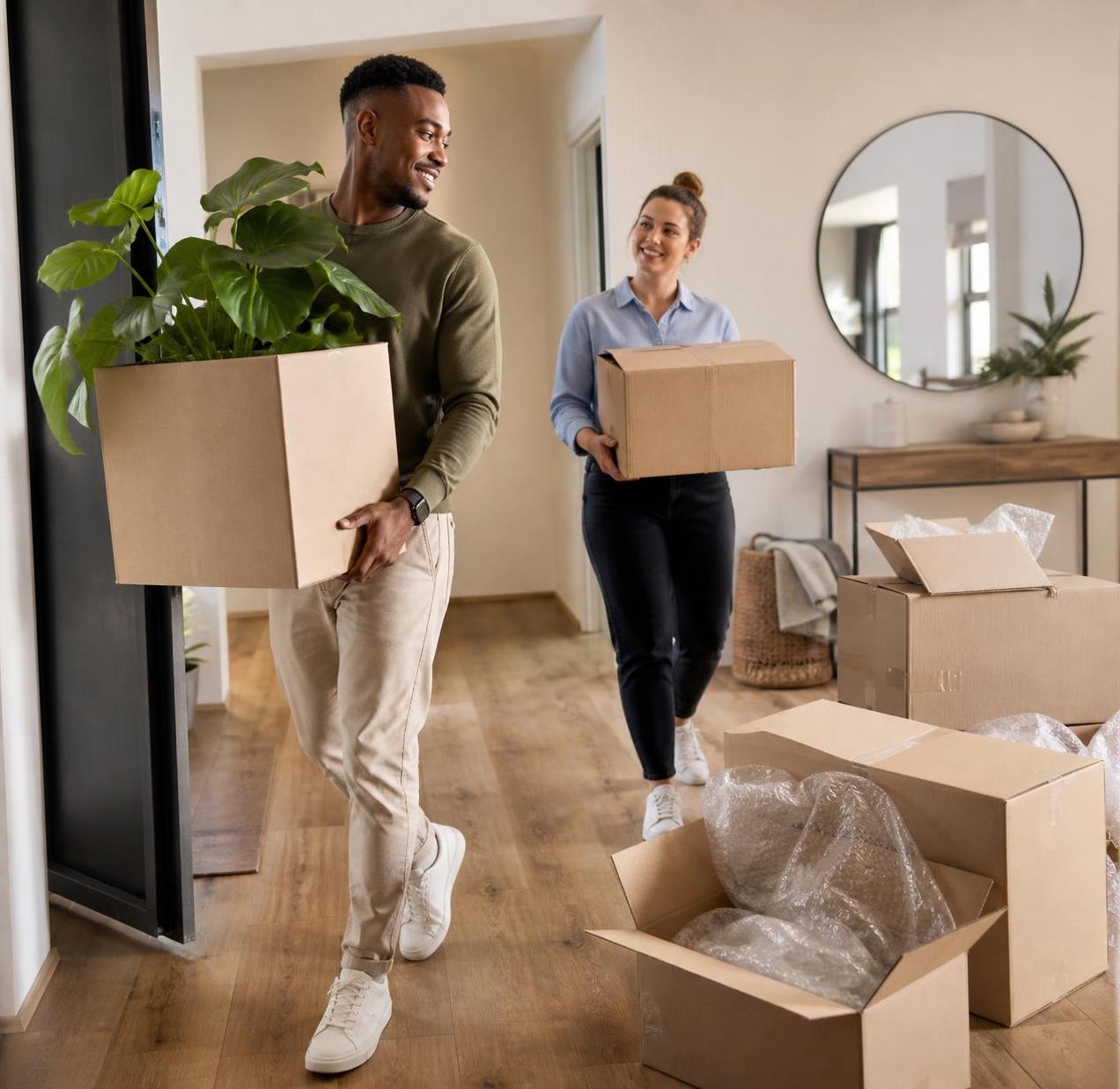 Couple Moving Boxes Into New Home