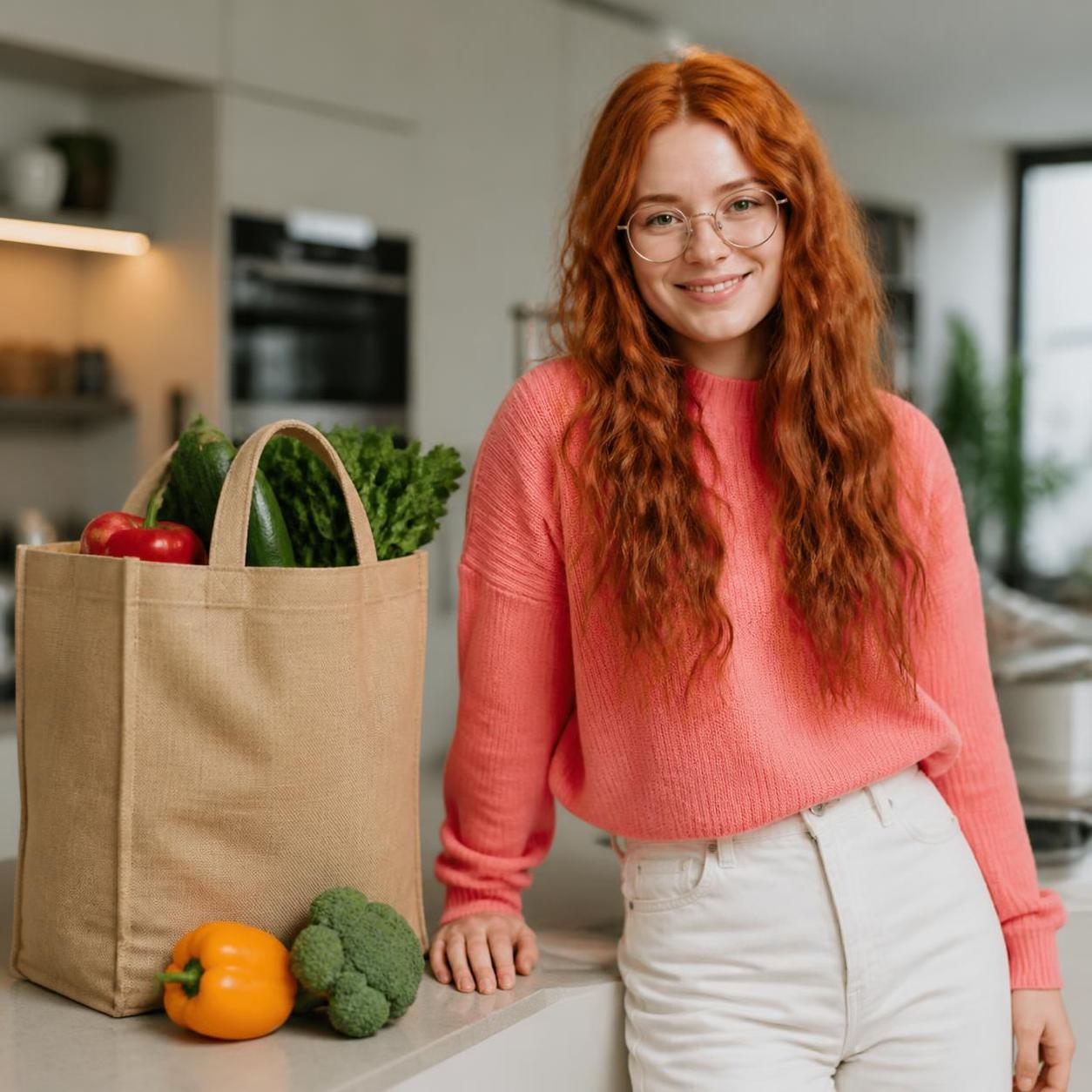 Young woman with grocery bag smiling