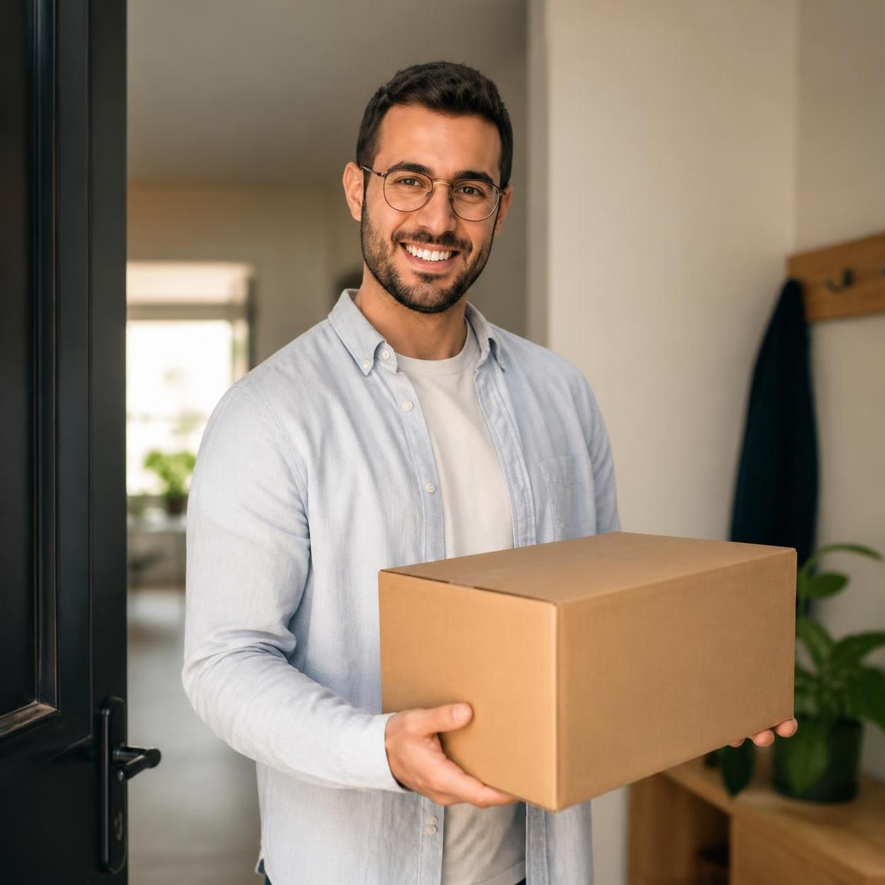Smiling delivery man holding cardboard box