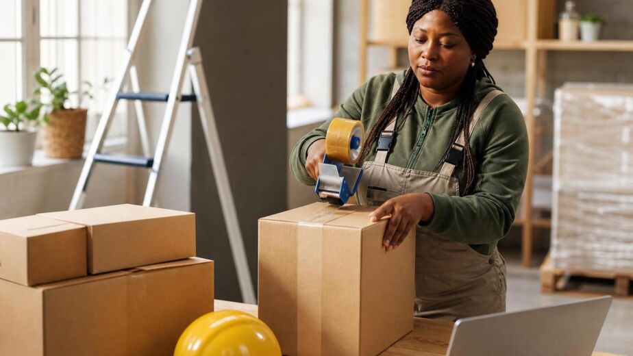 Warehouse worker packing boxes at table