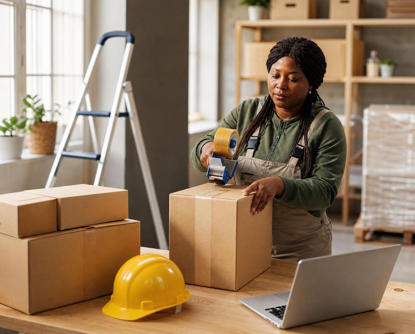 Warehouse worker packing boxes at table