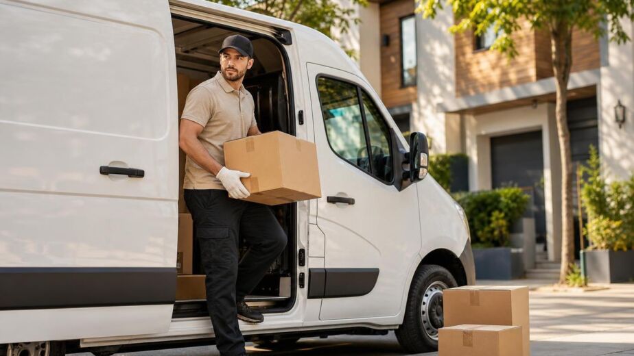 Delivery van driver unloading cardboard boxes