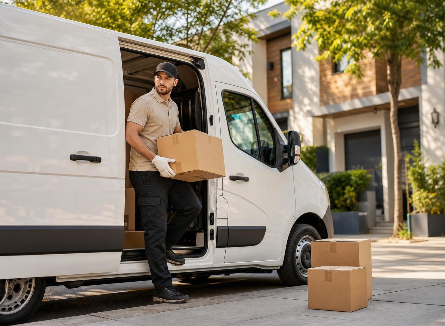 Delivery van driver unloading cardboard boxes