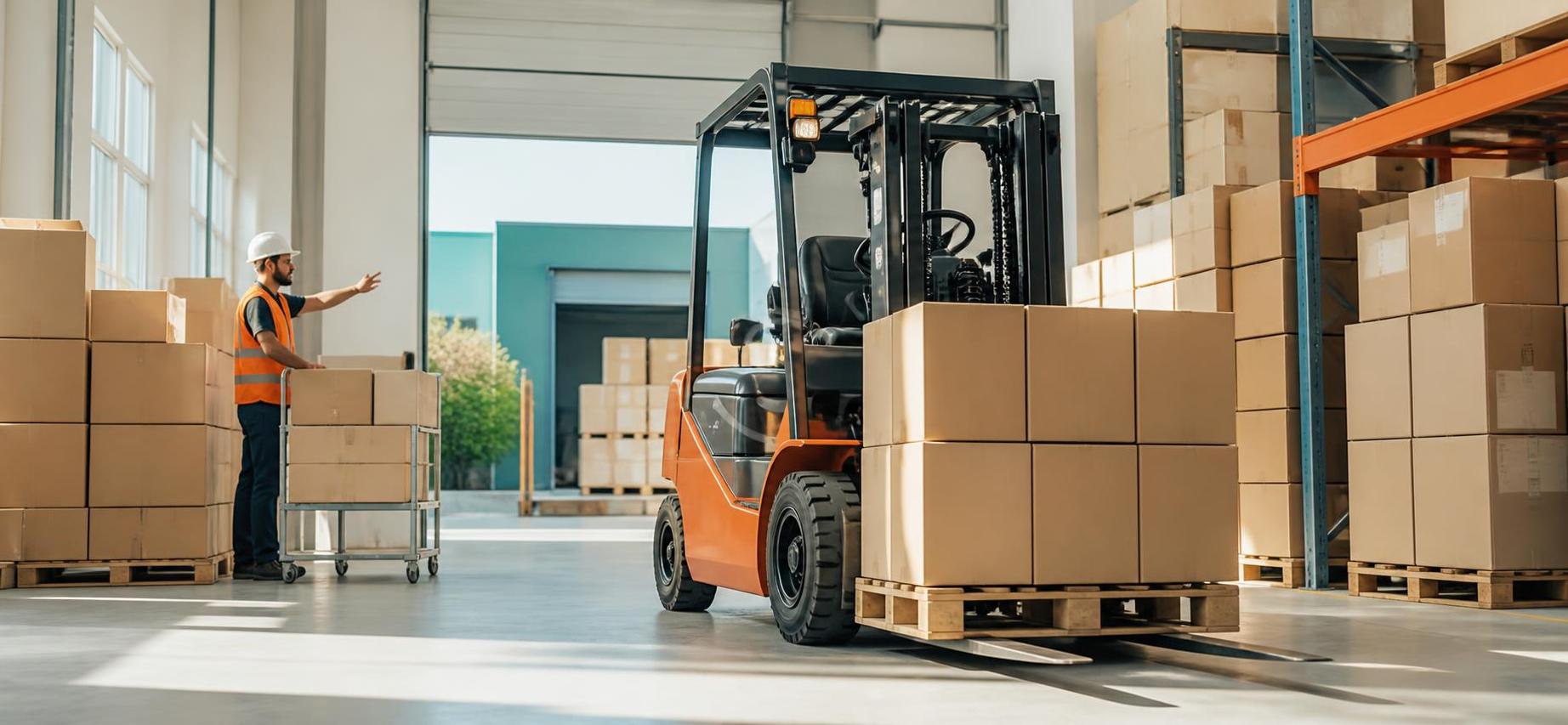 Orange forklift moving palletized cardboard boxes