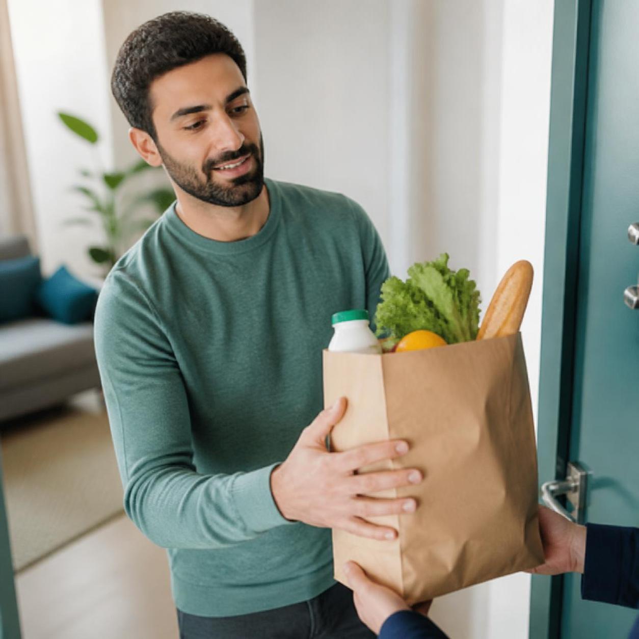 Man Receiving Grocery Delivery at Door