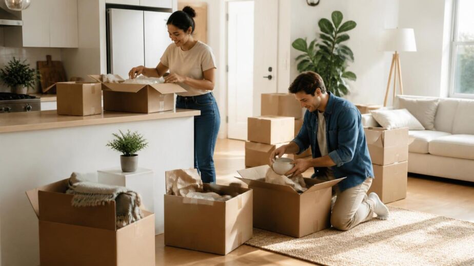 Couple unpacking in modern living room