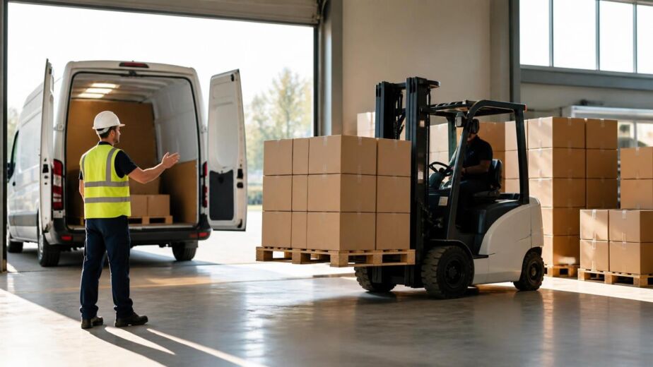 Warehouse forklift loading delivery van pallets