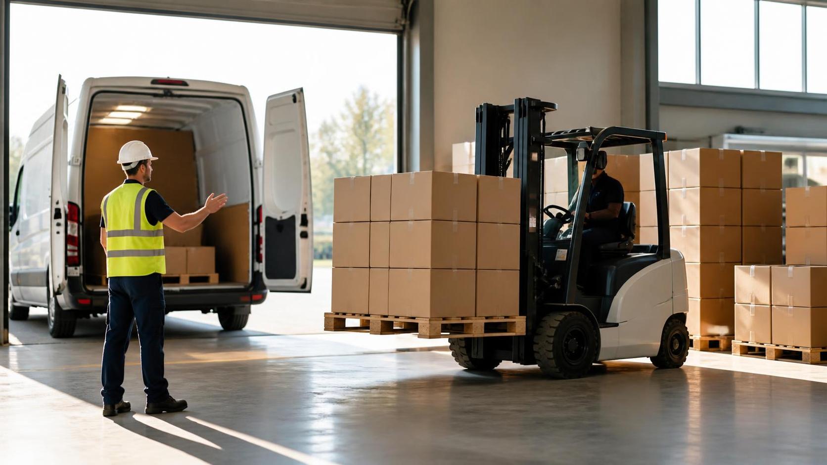 Warehouse forklift loading delivery van pallets