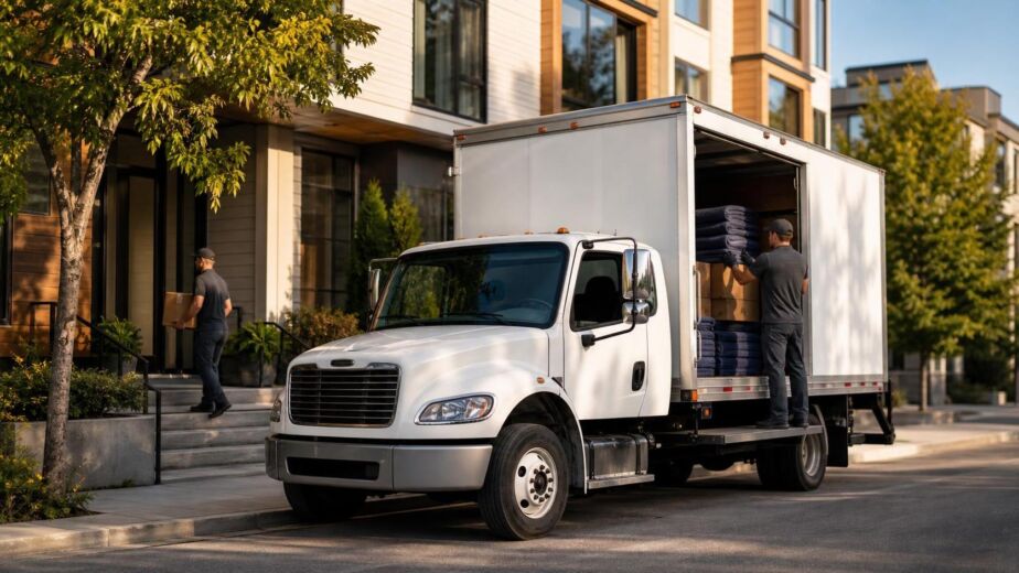 Delivery truck and movers outside townhouse